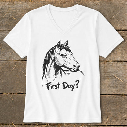 White t-shirt with a black ink drawing of a horse's head and "First Day?" text.