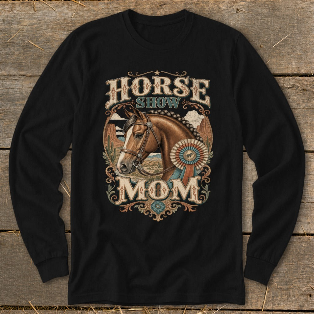 Horse Show Mom graphic with a brown horse, blue ribbon, and desert landscape.