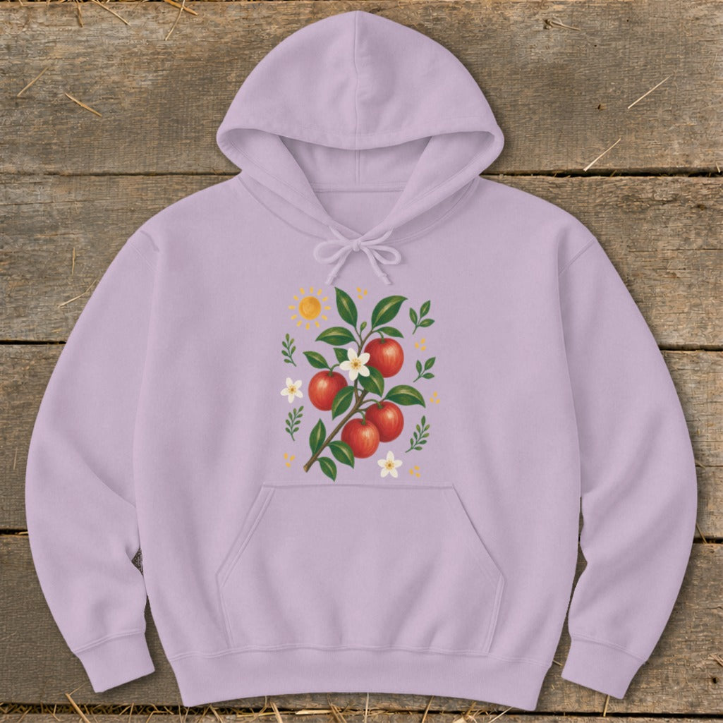 Lilac hoodie with a stylized apple branch, sun, and flowers graphic.