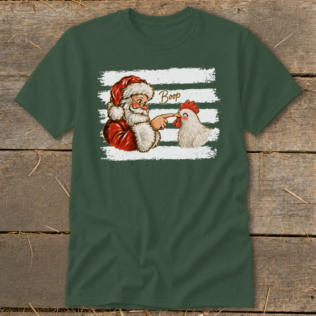 Santa boops a chicken with the word "Boop" on a dark green t-shirt.