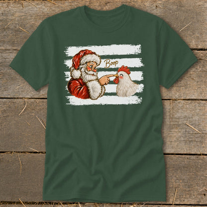 Santa boops a chicken with the word "Boop" on a dark green t-shirt.