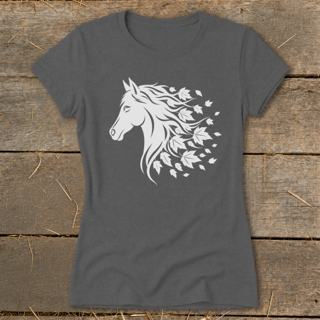 Dark grey t-shirt with a white horse head and flowing mane made of leaves.