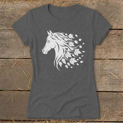 Dark grey t-shirt with a white horse head and flowing mane made of leaves.