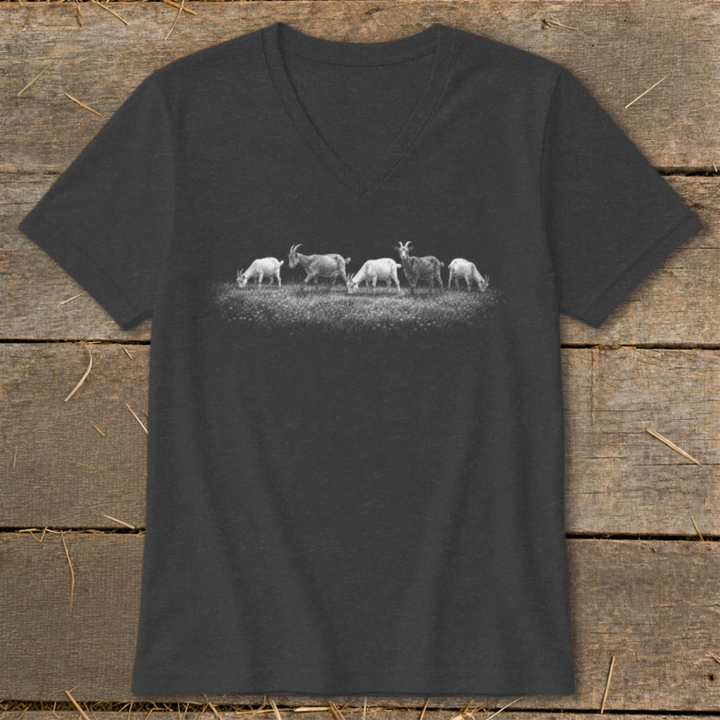 Dark grey t-shirt with a row of goats grazing in the grass.