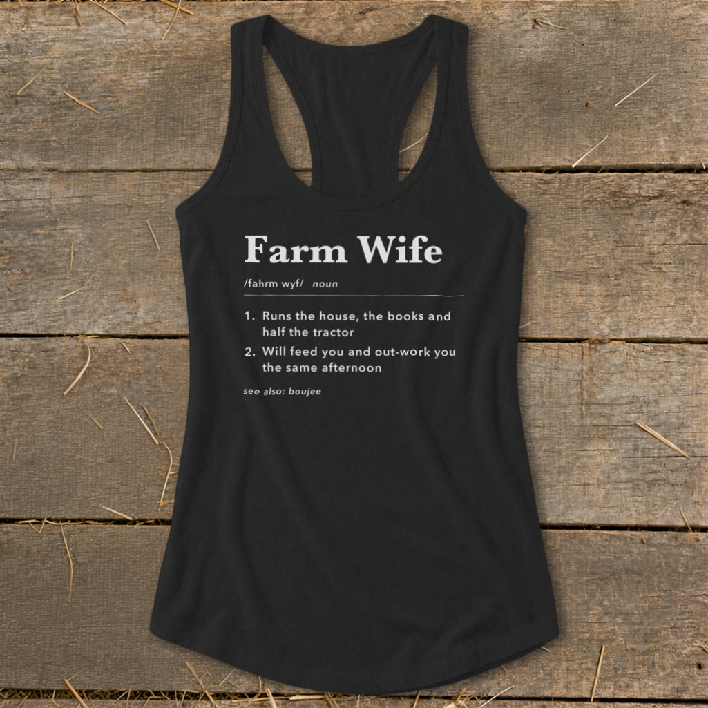 Black tank top with "Farm Wife" definition, including two numbered points and "see also: boujee".