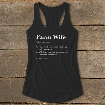 Black tank top with "Farm Wife" definition, including two numbered points and "see also: boujee".