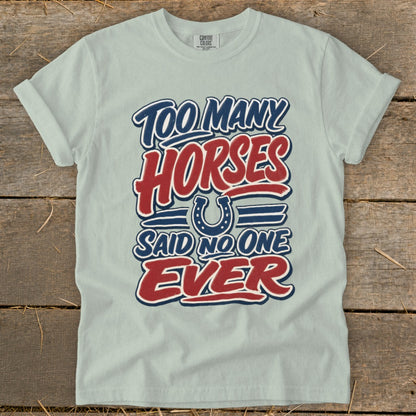 Pale blue t-shirt with text "TOO MANY HORSES SAID NO ONE EVER" and horseshoe graphic.