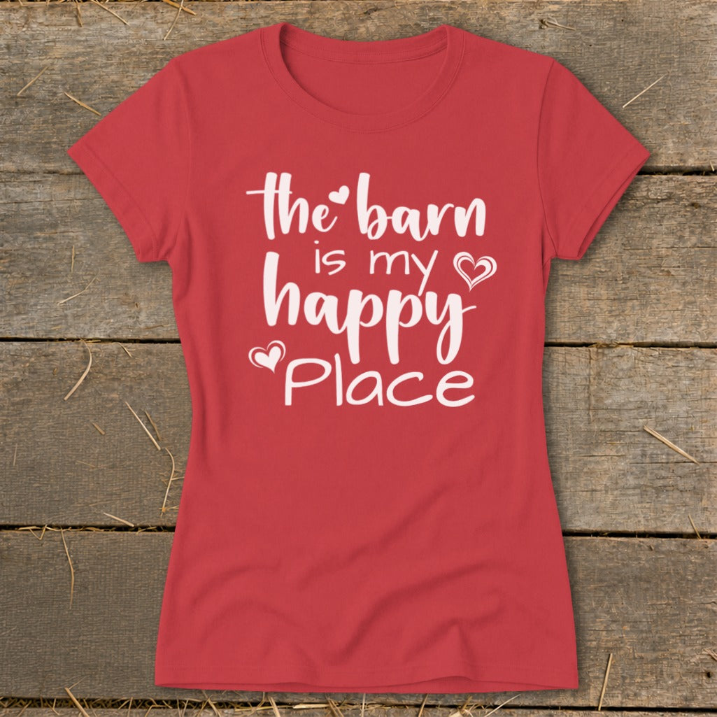 Red t-shirt with white text that reads "the barn is my happy place."
