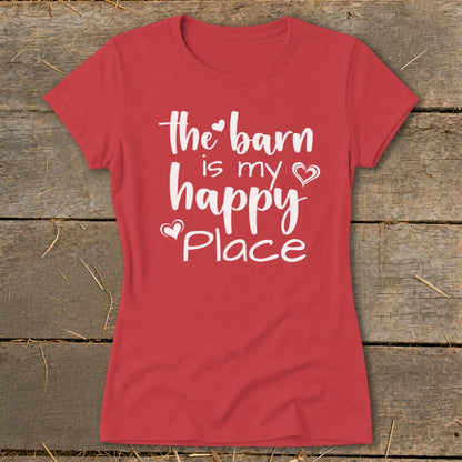 Red t-shirt with white text that reads "the barn is my happy place."