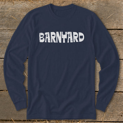 Navy blue long-sleeved crewneck shirt featuring the word "BARNYARD" printed in distressed white uppercase letters across the chest.