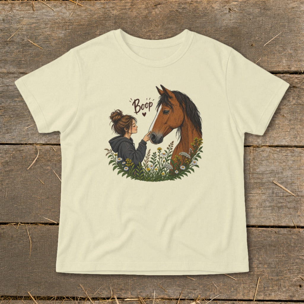 Illustration of a girl touching a horse's nose, with "Boop" text above.