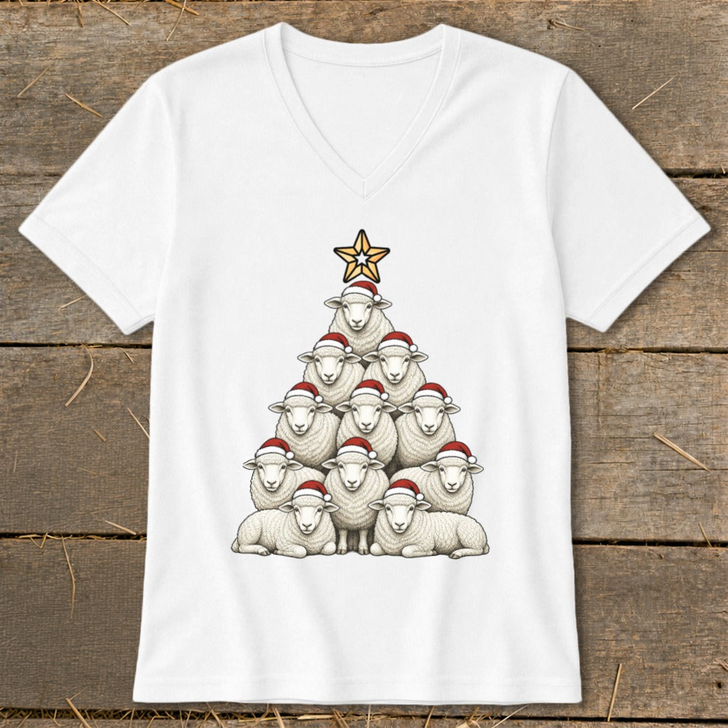 White t-shirt with a Christmas tree shape made of sheep wearing Santa hats.