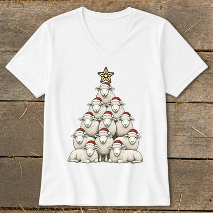 White t-shirt with a Christmas tree shape made of sheep wearing Santa hats.