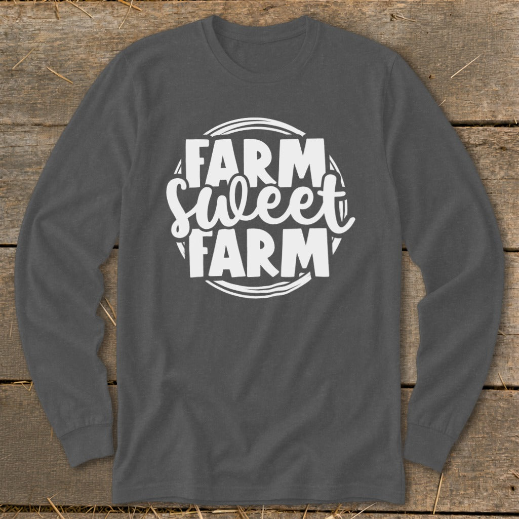 Long-sleeved shirt with white text "Farm Sweet Farm" in a circular design.