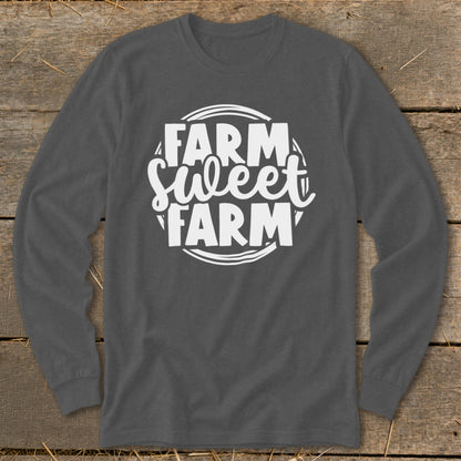 Long-sleeved shirt with white text "Farm Sweet Farm" in a circular design.