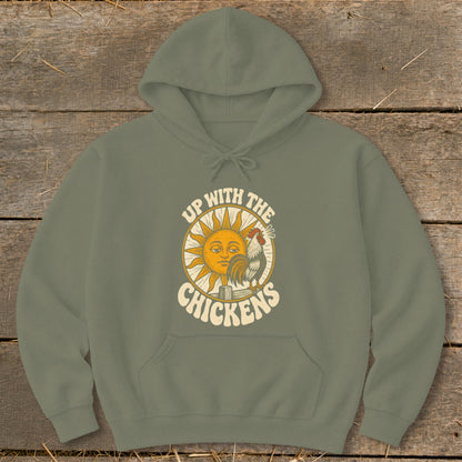 An olive green hoodie featuring a vintage-style graphic of a rooster and sun with text that reads up with the chickens.