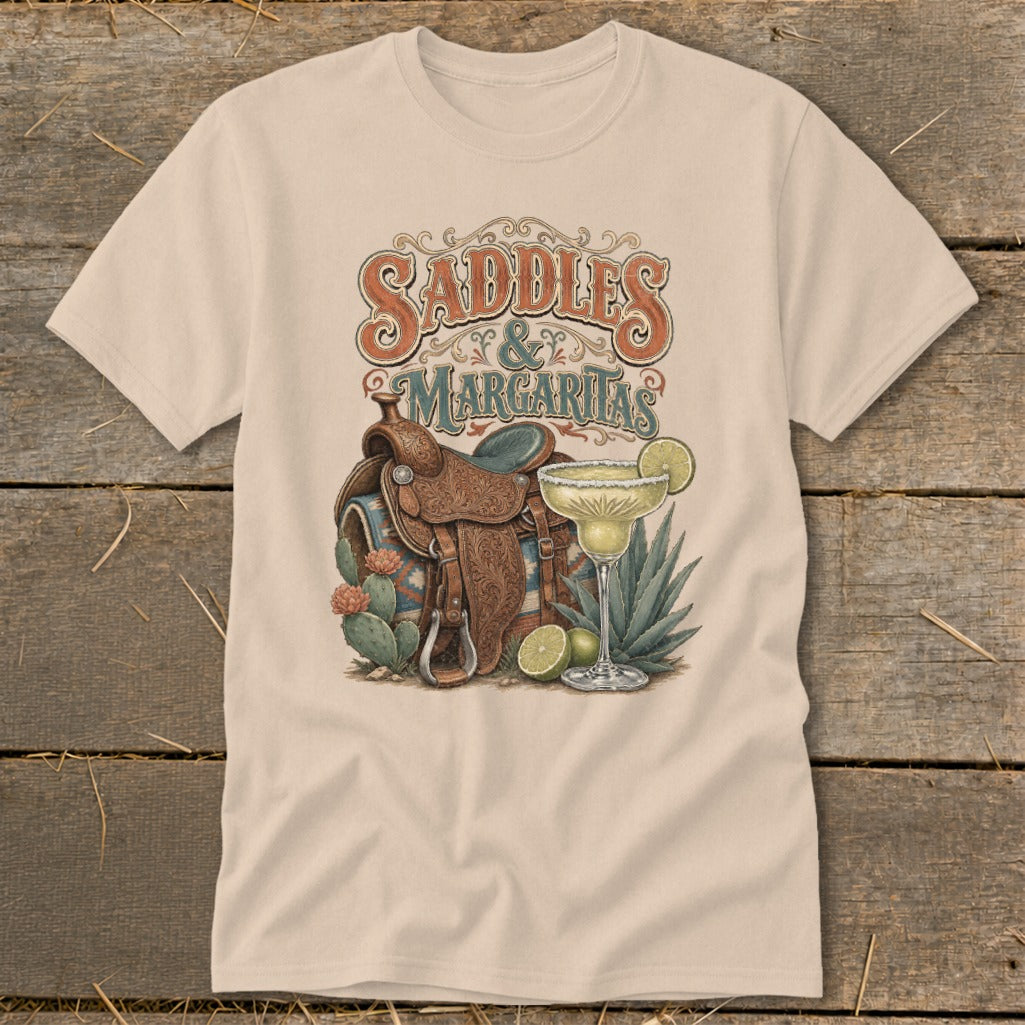 "Saddles & Margaritas" text with Western saddle, cactus, and margarita.