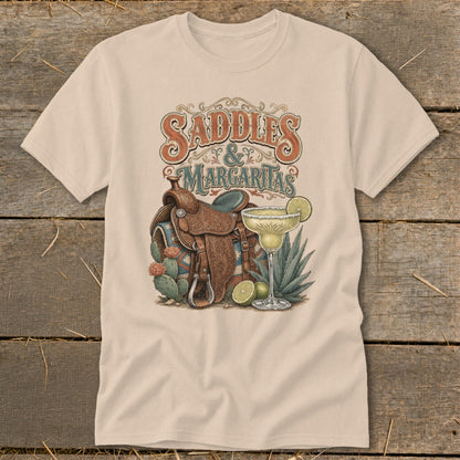 "Saddles & Margaritas" text with Western saddle, cactus, and margarita.