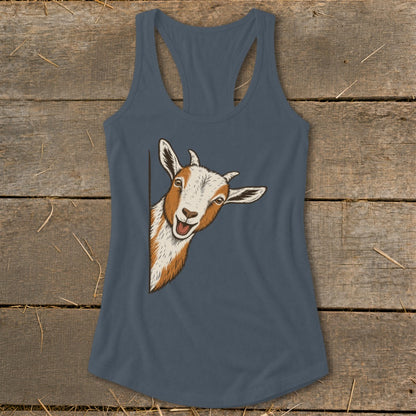 Goat peeking from behind a corner on a navy blue racerback tank top.