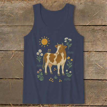 Navy tank top with illustration of a brown and white cow surrounded by flowers and sun.
