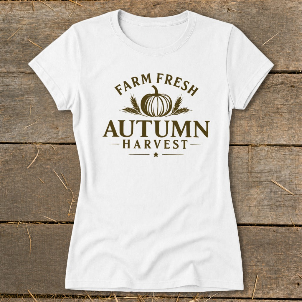 White t-shirt with "Farm Fresh Autumn Harvest" text and pumpkin graphic.