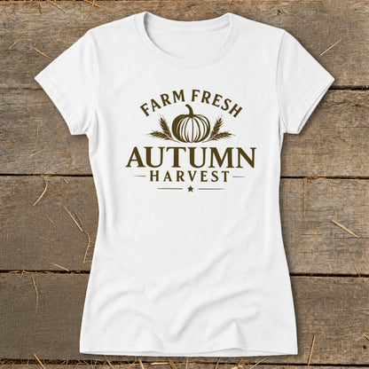 White t-shirt with "Farm Fresh Autumn Harvest" text and pumpkin graphic.