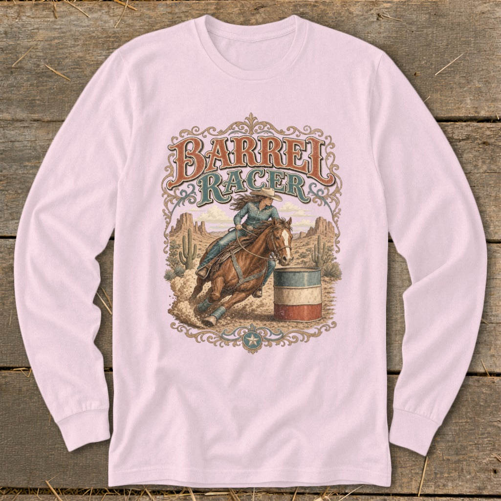 Barrel racer on horse circling barrel with desert background and text.
