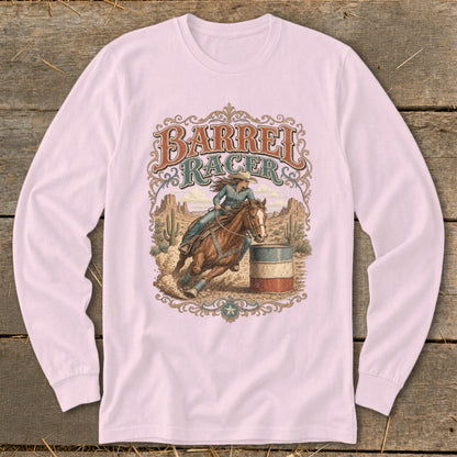 Barrel racer on horse circling barrel with desert background and text.