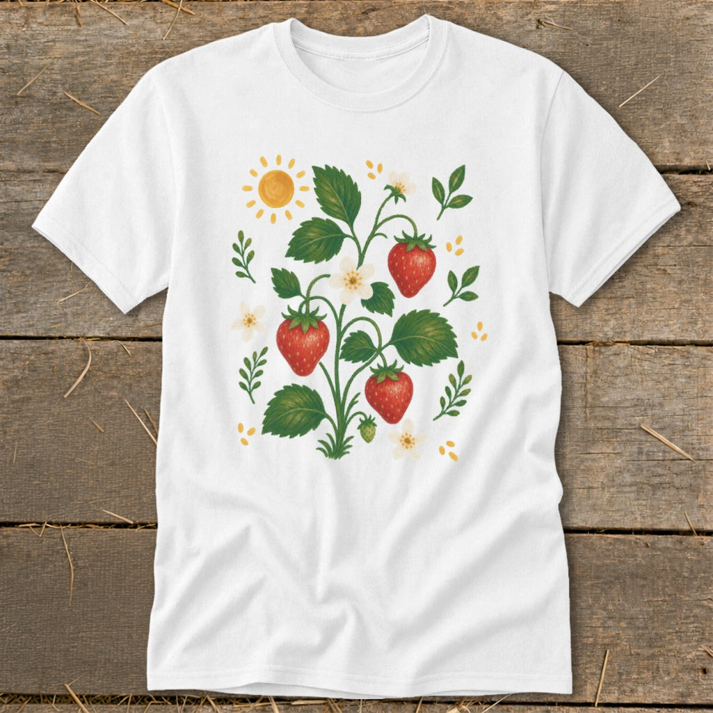 White t-shirt with a strawberry plant illustration featuring red strawberries, green leaves, white flowers, and a sun.