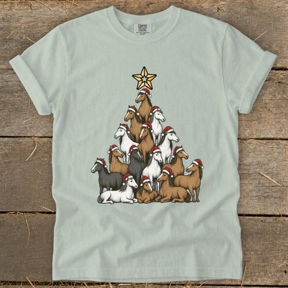 T-shirt with a Christmas tree made of horses wearing Santa hats and a star.