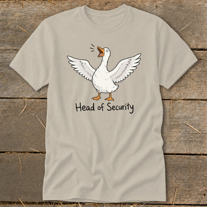 Light tan t-shirt with cartoon goose and text "Head of Security"