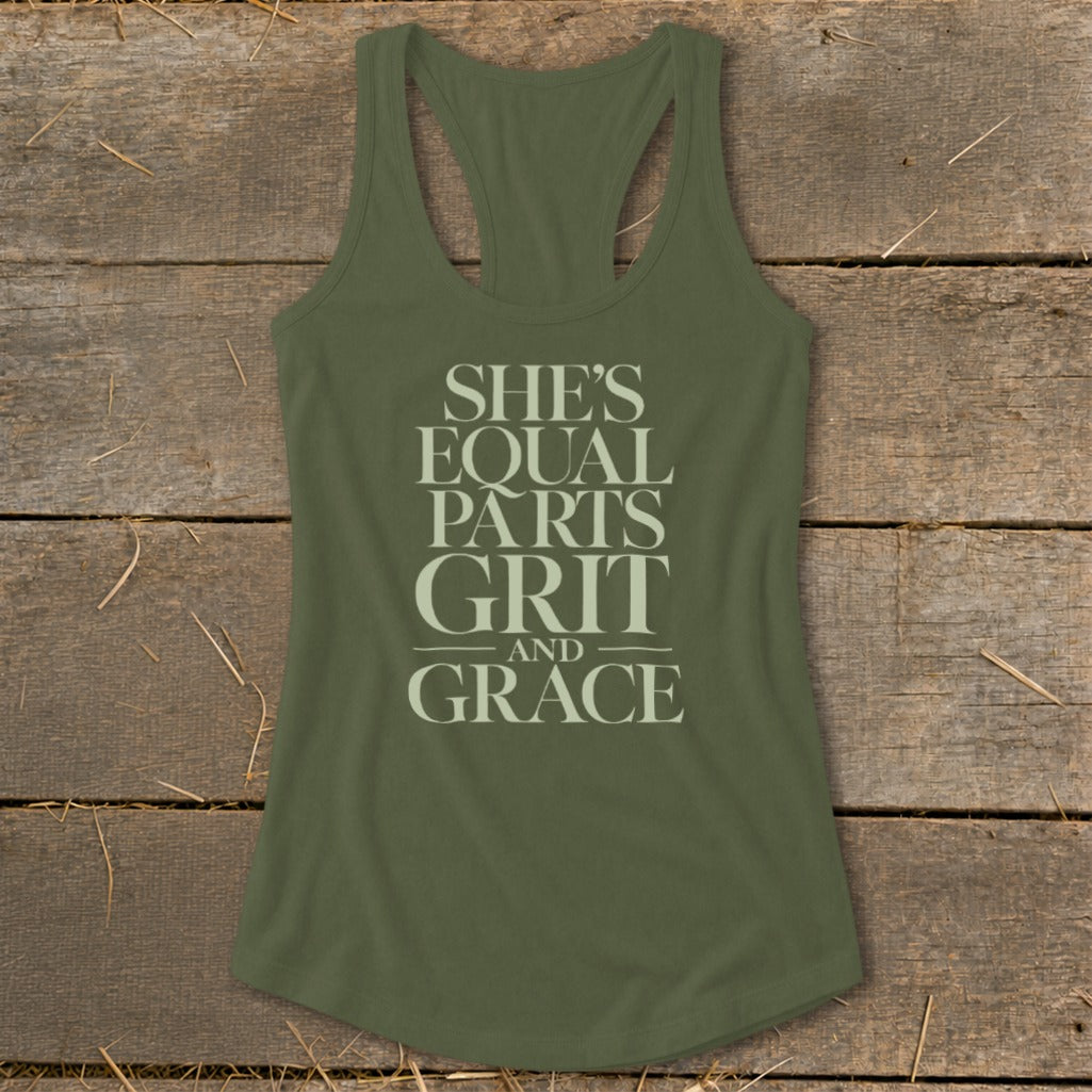 Olive green racerback tank top with "SHE'S EQUAL PARTS GRIT AND GRACE" text.