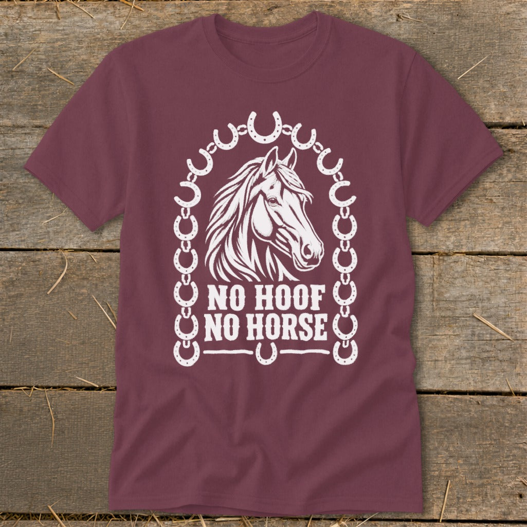 Maroon t-shirt featuring a white graphic of a horse's head framed by horseshoes, with the text NO HOOF NO HORSE.