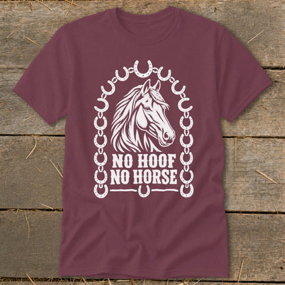 Maroon t-shirt featuring a white graphic of a horse's head framed by horseshoes, with the text NO HOOF NO HORSE.