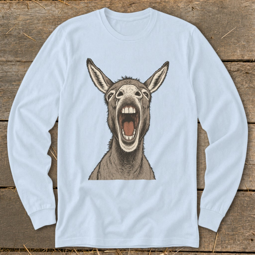 Long sleeve shirt with a detailed illustration of a donkey with its mouth wide open.