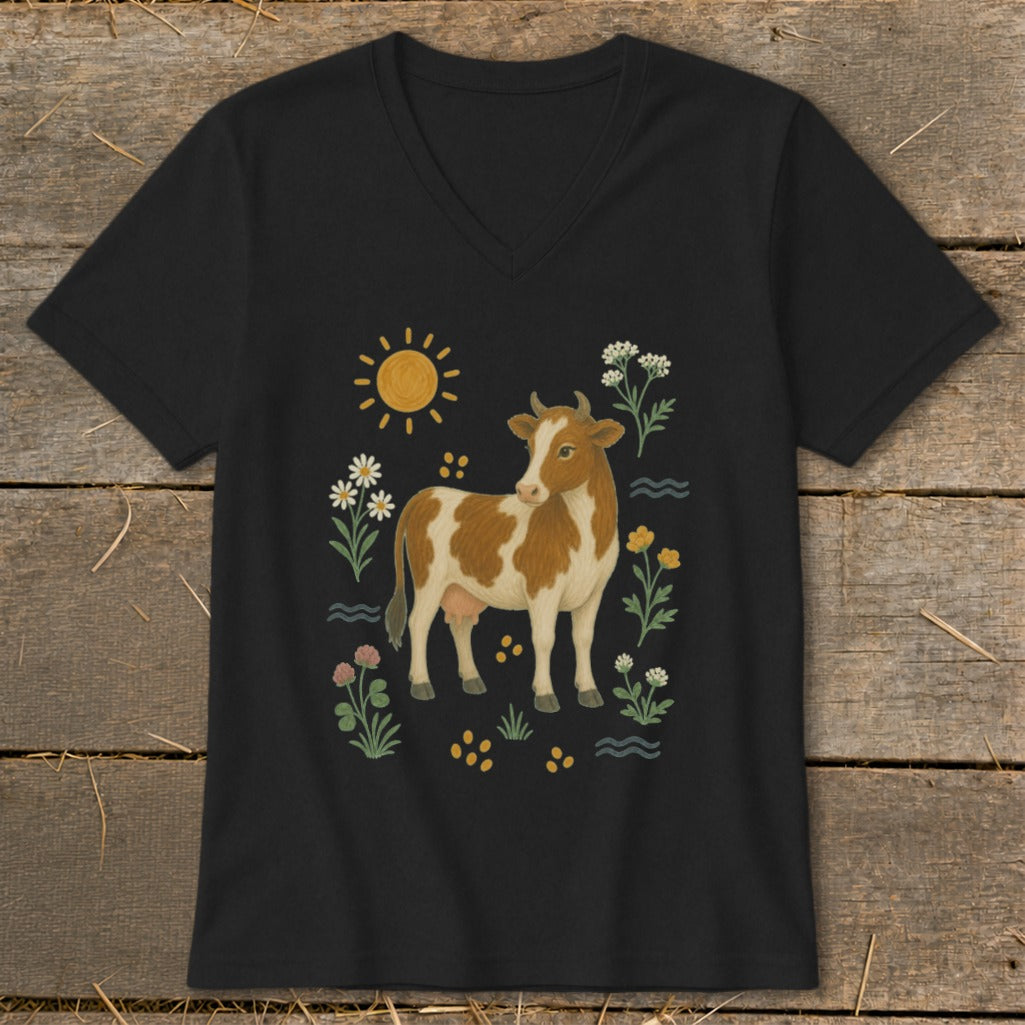 Black t-shirt with a brown and white cow surrounded by flowers and a sun.