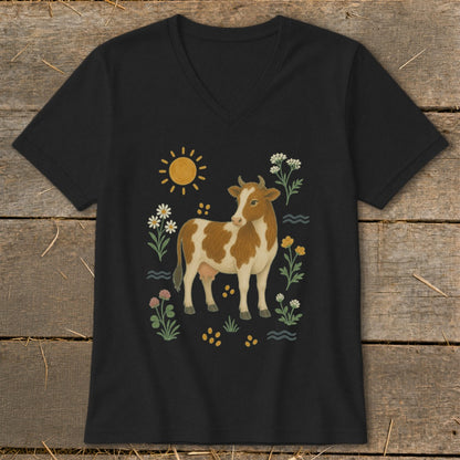 Black t-shirt with a brown and white cow surrounded by flowers and a sun.