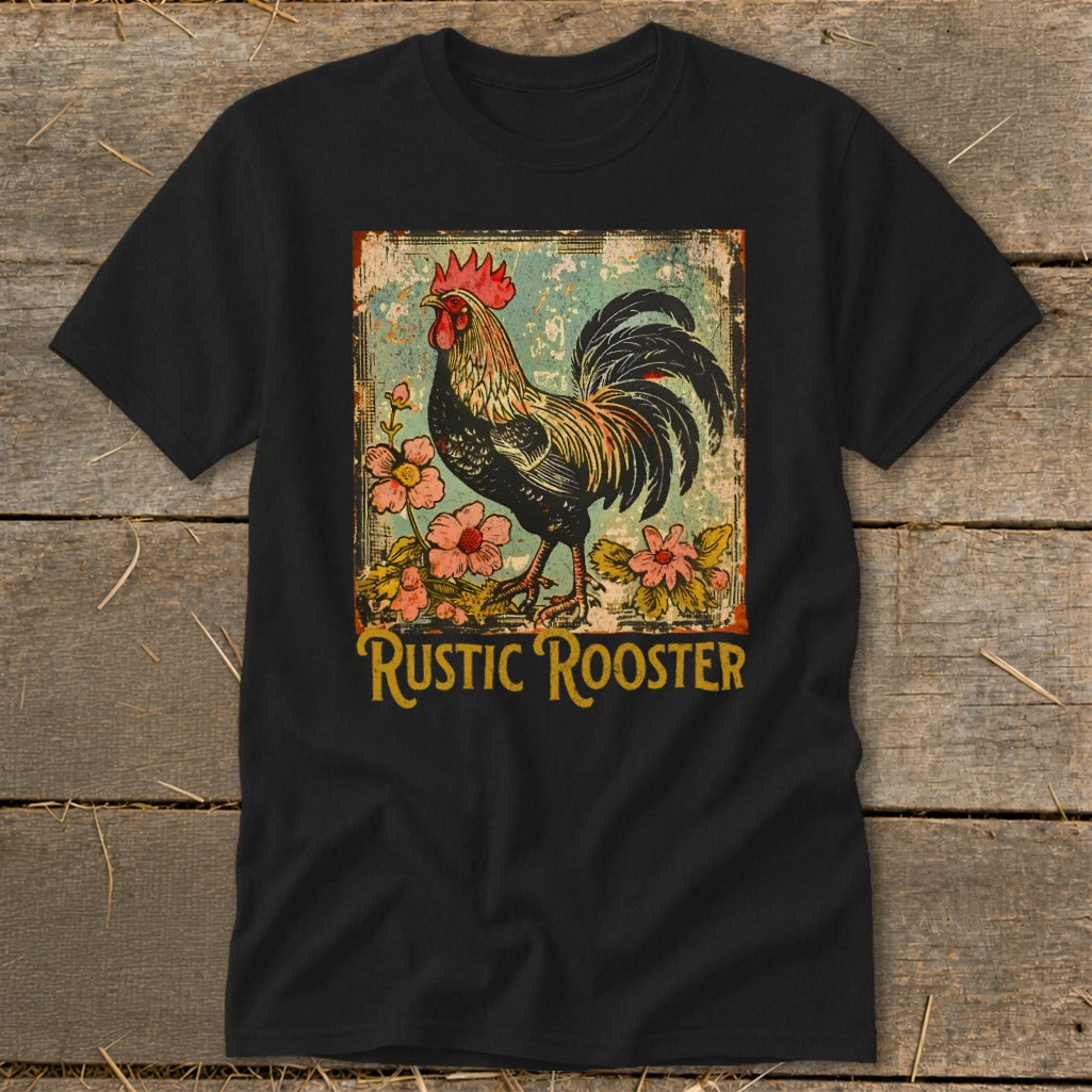 Black t-shirt with a distressed graphic of a rooster and flowers, text "RUSTIC ROOSTER".