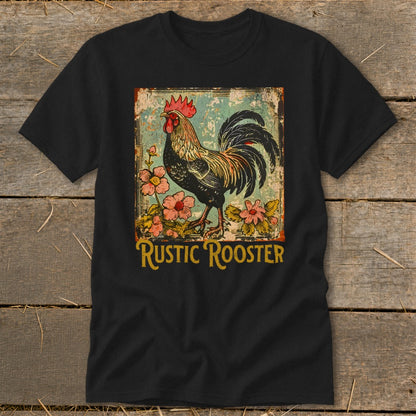 Black t-shirt with a distressed graphic of a rooster and flowers, text "RUSTIC ROOSTER".