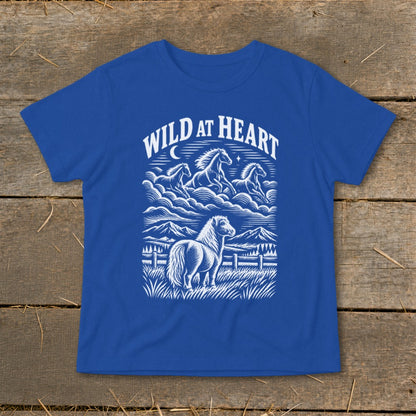 Royal blue t-shirt with white "Wild at Heart" text and horse graphic.