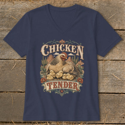 T-shirt graphic with hen and chicks under "CHICKEN TENDER" text.