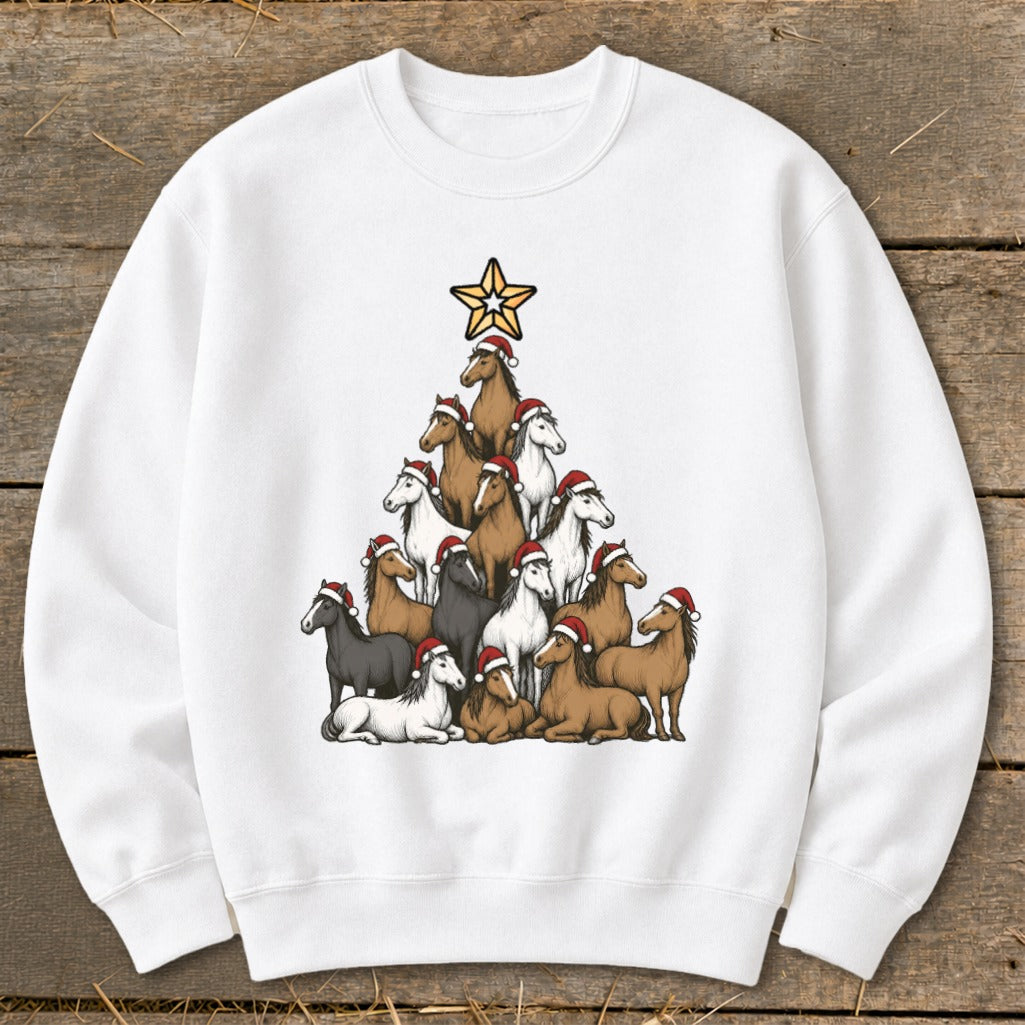 Horses wearing Santa hats form a Christmas tree shape with a star on top.