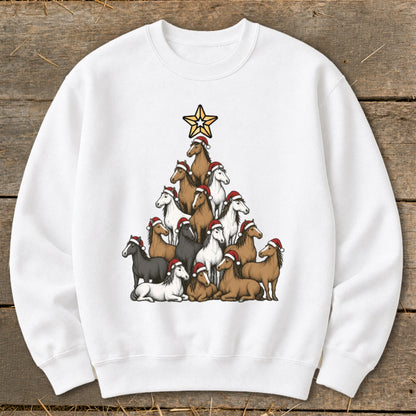 Horses wearing Santa hats form a Christmas tree shape with a star on top.
