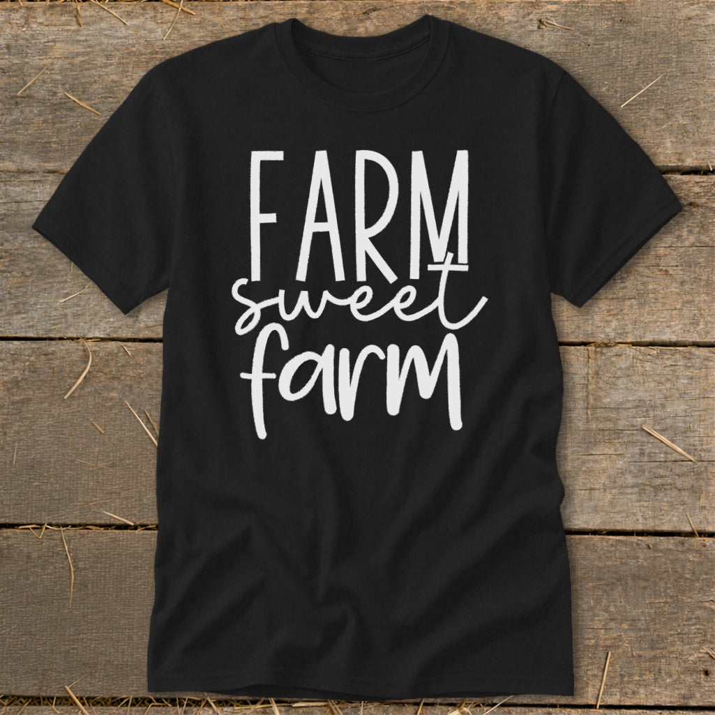 Black t-shirt with white text reading "FARM sweet farm".