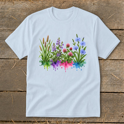 Light blue crewneck t-shirt featuring a watercolor graphic of wildflowers and grasses with colorful paint splatters.