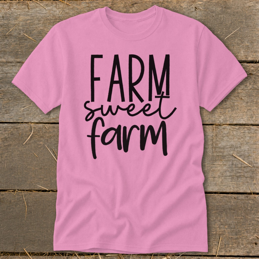 Pink t-shirt with black text reading "FARM sweet farm"