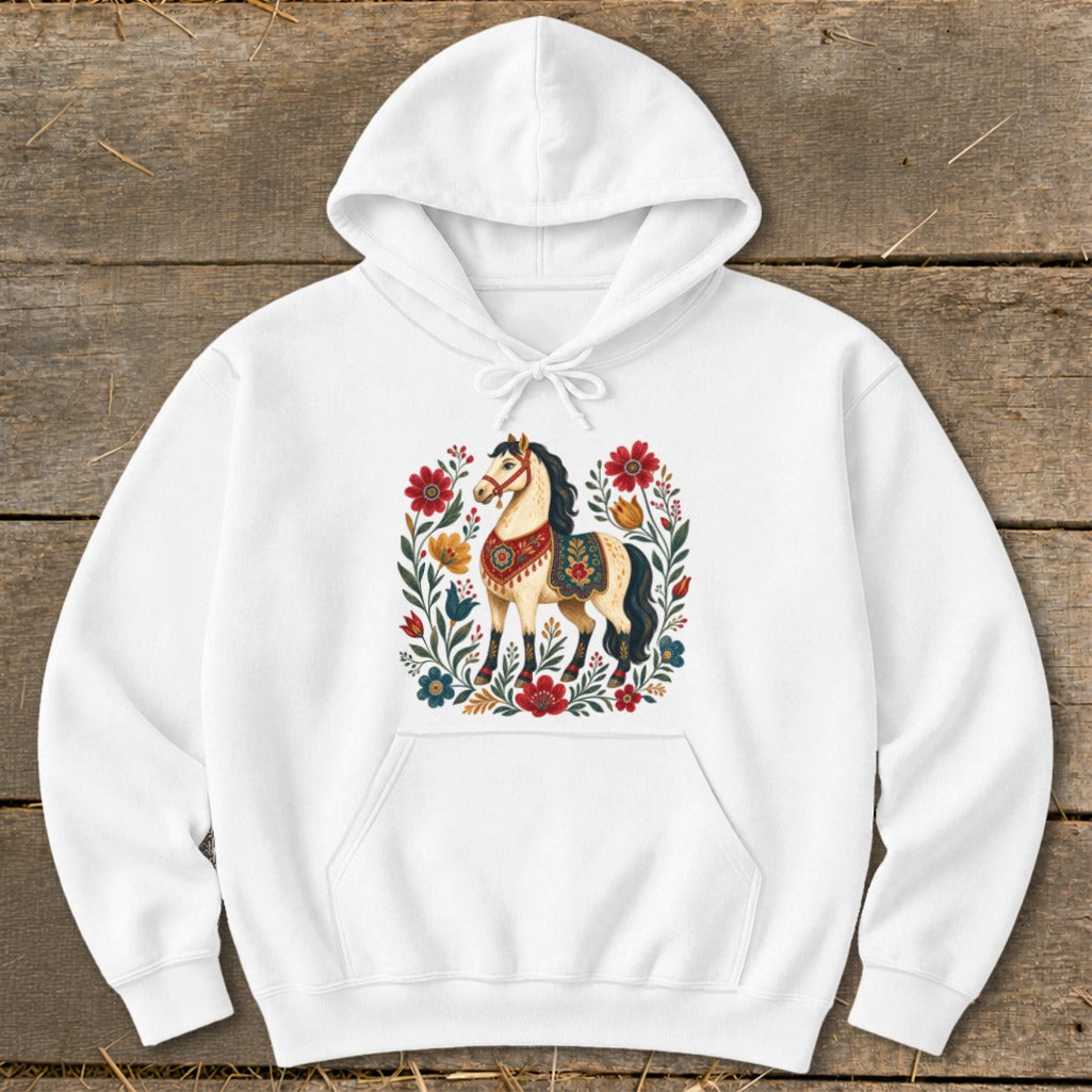 White hoodie with a central graphic of a horse surrounded by colorful flowers.