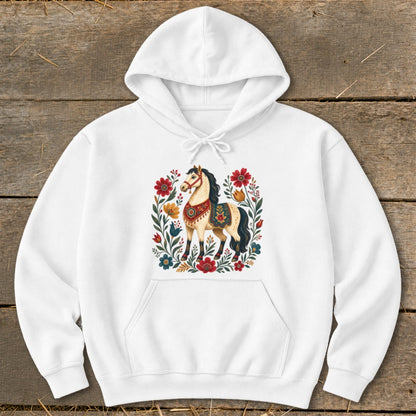 White hoodie with a central graphic of a horse surrounded by colorful flowers.