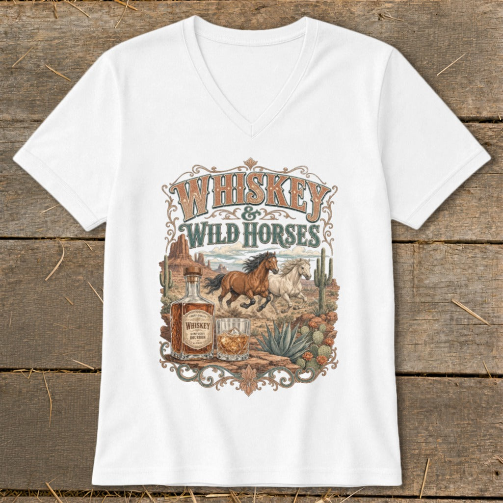 T-shirt with Whiskey & Wild Horses graphic, bottle, glass, and desert landscape.