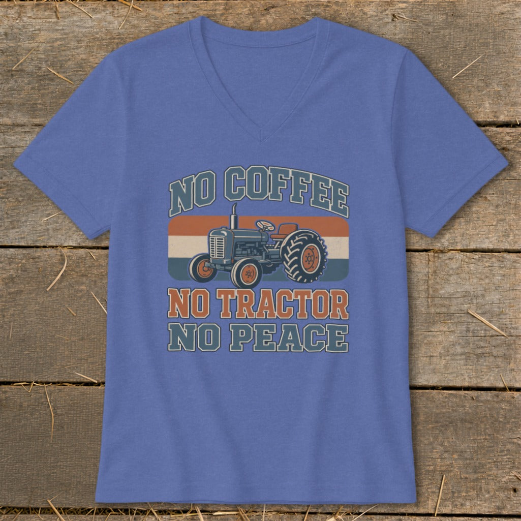 Blue v-neck t-shirt with "No Coffee No Tractor No Peace" text and tractor graphic.